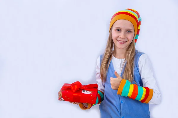 Caucasian Girl White Hair Grey Eyes Clown Costume Holding Boxes — Stock Photo, Image