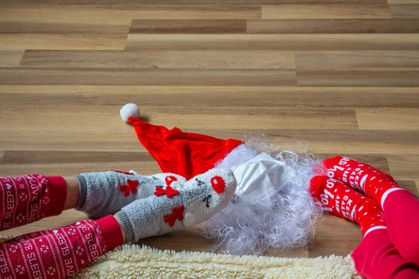 Chapeau Père Noël Mitaines Barbe Avec Masque Médical Sur Fond — Photo