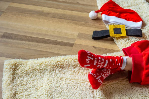 Chapeau Père Noël Mitaines Barbe Avec Masque Médical Sur Fond — Photo