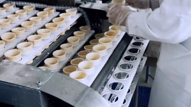 Travailleur Mettre Gaufres Tasses Crème Glacée Convoyeur Remplissage — Video