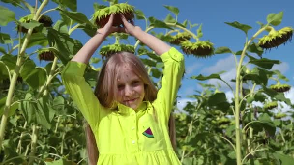 Glückliches Mädchen Spielen Mit Sonnenblume — Stockvideo
