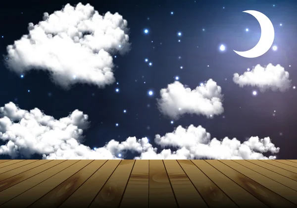 A wooden table on a background of the cloudy night sky — Stock Vector