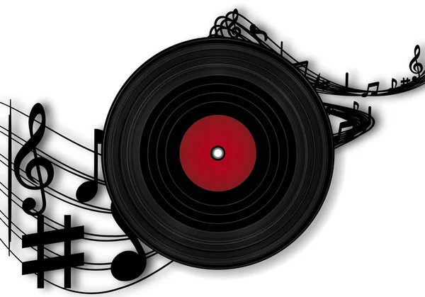 Grabación de vinilo y notas musicales — Vector de stock