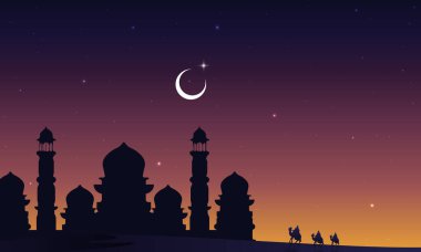 Bir caminin silueti, çölde develer üzerinde gezen Arap gezginler, vektör sanat çizimi..