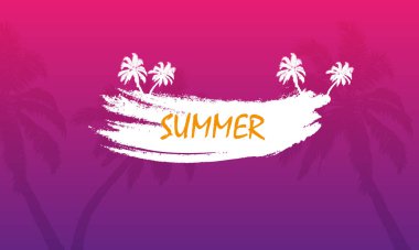 Günbatımında palmiye ağaçları olan tropikal mor arkaplan, vektör sanat çizimi.