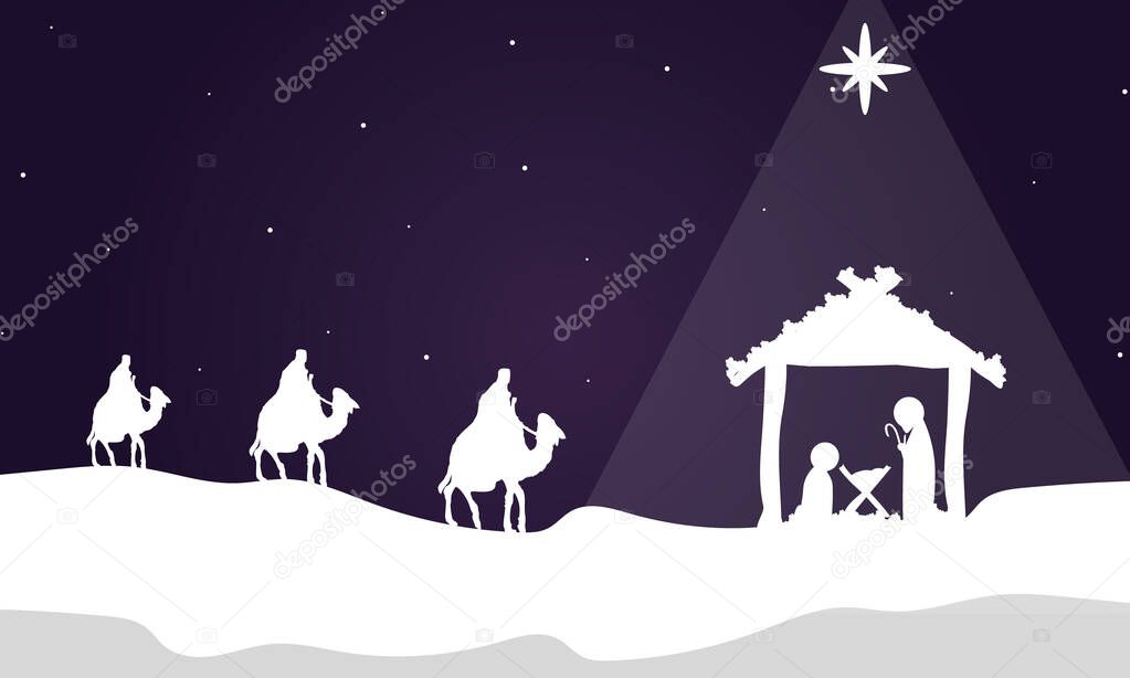 Three wise kings bring gifts to christ, vector art illustration.