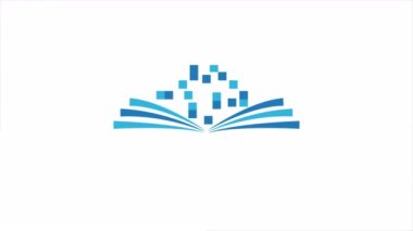 Açık kitap logosu ve sanal pikseller çevrimiçi öğrenme konsepti, sanat videosu illüstrasyonu.