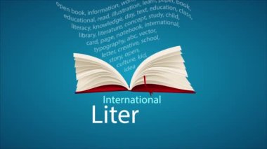 Uluslararası Edebiyat Günü 'nde açık bir kitaptan sözler, sanat videosu illüstrasyonu.