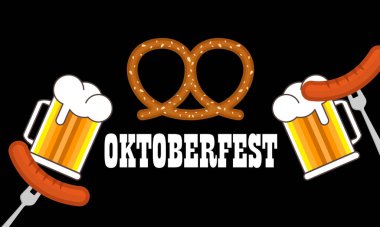 Ekim Festivali için çatallı bira ve sosis, vektör sanat illüstrasyonu.