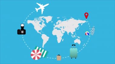 Dünya turizm günü için harita ve uçak, sanat videosu illüstrasyonu.