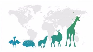 Hayvanlar Dünya haritasında Hayvanlar Günü için sanat videosu illüstrasyonları.