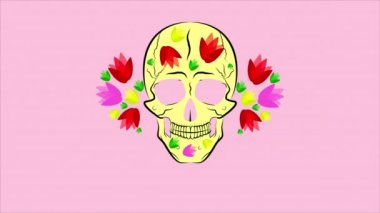 Ölü Dia de los muertos Günü için canlı Meksika çiçekleriyle dolu bir kafatası, sanat videosu illüstrasyonu.