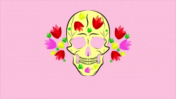 Calavera Con Vibrantes Flores Mexicanas Para Día Los Muertos Dia — Vídeo de stock