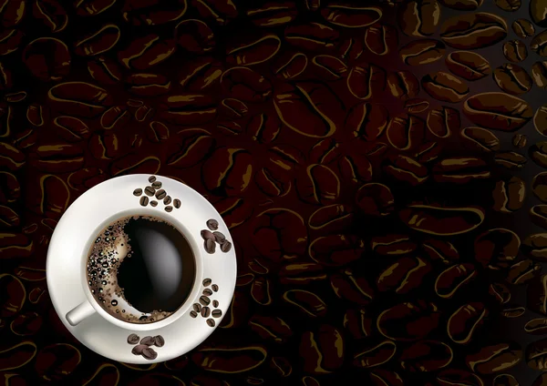 Granos de café y taza de café — Vector de stock