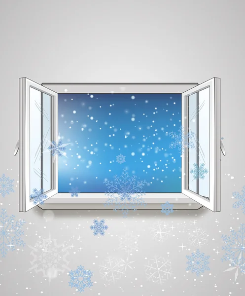 Ventana abierta y nieve — Vector de stock