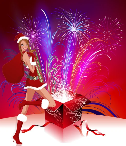 Lady Papai Noel com fogos de artifício — Vetor de Stock