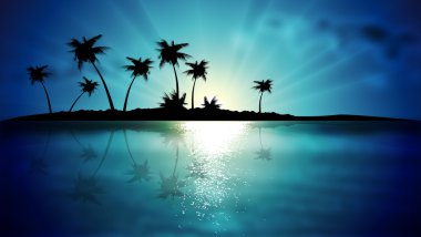 Gün batımında palmiye ağaçları olan ada