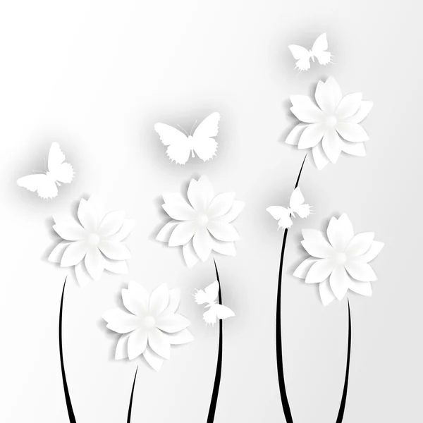 Witboek vlinders op papier bloemen — Stockvector