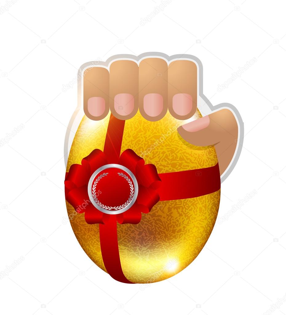 Logo golden Easter egg in the hand, vector art illustration.