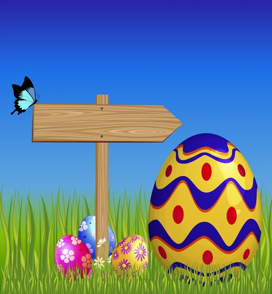 Dřevěný ukazatel a velikonoční vajíčka — Stockový vektor