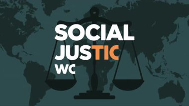 Sosyal Adalet Günü Terazi Dünya Haritası Tipografisi, sanat videosu illüstrasyonu.