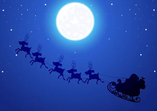 Santa vuela por el cielo nocturno — Vector de stock