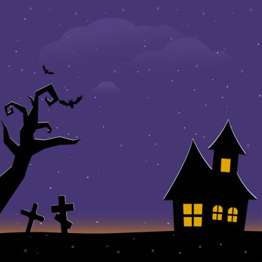 Cadılar Bayramı korkunç mezarlık arka planı ağaçlar, haçlar ve yarasalarla dolu. Cadılar Bayramı. Bir mezar taşının silueti. Ofis için basılı etiketler ve dekorasyonlar, el sanatları, şablonlar. Vektör  