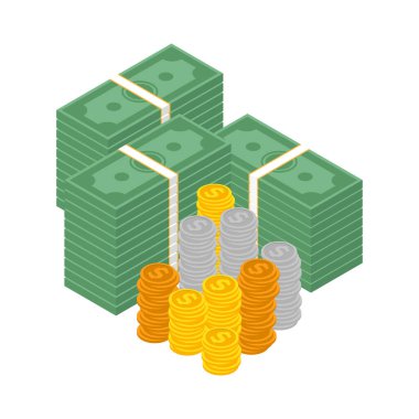 Büyük para konsepti. Büyük para yığını. Yüzlerce dolar. Dolar işaretli altın paralar. Isometry. Vektör  
