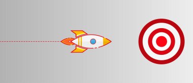 Roket hedefe doğru uçuyor. İş kurma konsepti. Retro uzay gemisi çizgi filmi. Beyaz arka planda izole edilmiş. Düz stil. Vektör illüstrasyonu