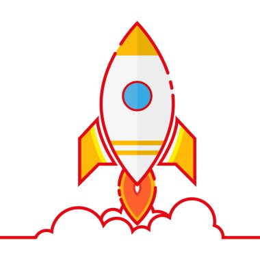 Çizgi film uzay gemisi kalkıyor, izole edildi. Retro uzay gemisi simgesi basit. Vektör illüstrasyonu