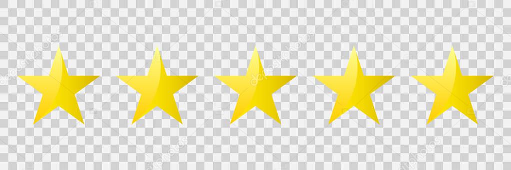Five golden stars. Isolated on transparent background. Flat style. Design elements. Vector illustration