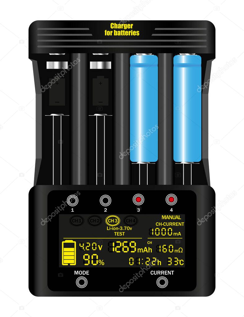 Battery charger for 18650 batteries. Black 4-socket charger with charging information on the screen. Isolated on white background. Vector illustration