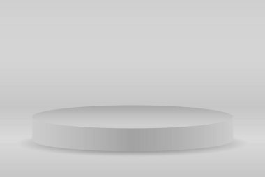 Gri podyum, sunum platformu. Beyaz platformun sunum çemberi, sunum için ürün yeri, kazanan podyum veya şeffaf arkaplan sahnesi. Vektör illüstrasyonu