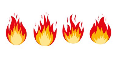 Çizgi film alevleri, düz stil oyun tasarımı için ışık efekti oluşturdu. Beyaz arka planda izole edilmiş. Vektör illüstrasyonu