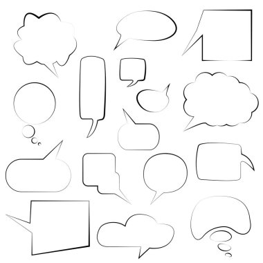 Konuşma baloncukları dizisi. Tartışma balonları, çizim balonu seti, karalama sohbet balonları ya da beyaz arka planda izole edilmiş düşünce etiketi elemanları. Vektör illüstrasyonu