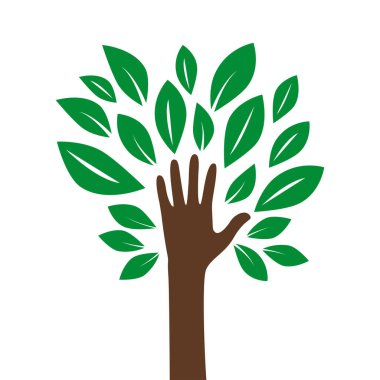 Ağaç oluşturan ve doğaya yardım eden bir el tasviri. Ya dünyayı kurtaracağız ya da yeşil işaretle temsil edilen küresel ısınma kavramını durduracağız. Beyazda izole edildi. Vektör.  