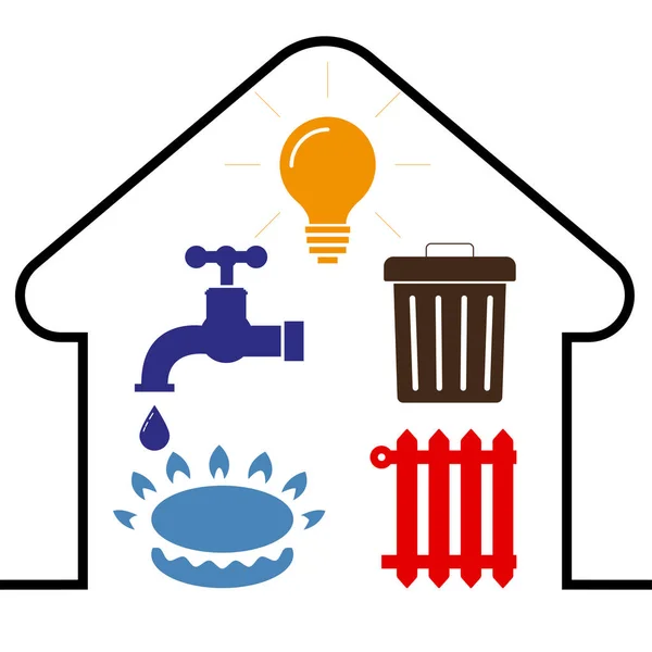 Ikony Użytkowe Woda Gaz Oświetlenie Ogrzewanie Odpady Płaskim Stylu Ikony — Wektor stockowy