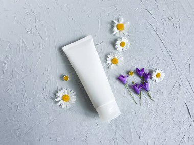 Beyaz sıkılmış şişe kozmetik tüpü, gri masada papatya çiçeği. Doğal organik spa kozmetik konsepti. Üst görünüm