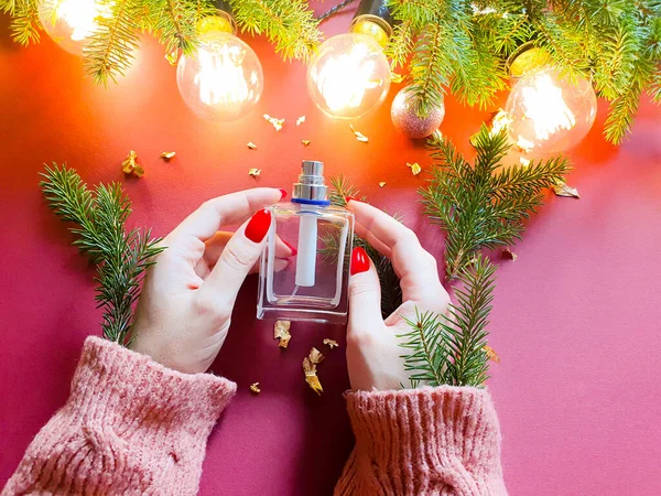 Female hands with red nails hold bottle of perfume. Branches of christmas fir tree, magic lights and pieces of golden paper on red table. Christmas flatlay, top view, mockup.