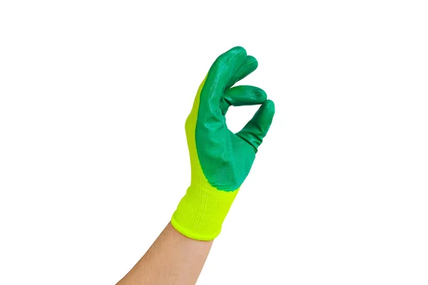 Goed Handteken Mannelijke Hand Groene Handschoen Voor Het Werken Tuin — Stockfoto