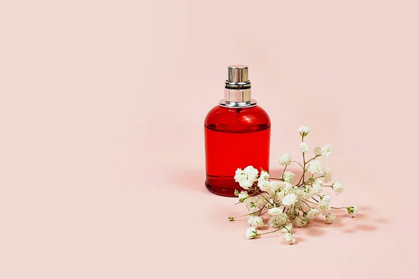 Frasco Spray Perfume Vermelho Flores Gypsophila Fundo Rosa Com Espaço — Fotografia de Stock