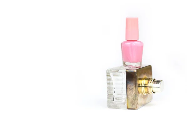 Pembe Tırnak Cilası Küçük Cam Şişe Parfüm Spreyi Şişesi Beyaz — Stok fotoğraf
