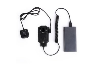 Black body camera, mini camera, spiral cable and Power bank. Officer body cam. Personal Wearable Video Recorder, Portable DVR, camera isolated on white background. Closeup, front view clipart