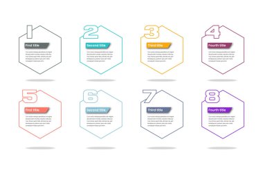 8 seçenekli bilgi şablonu. İş kavramı için bilgi grafikleri. İşlem şeması, sunumlar, iş akışı düzeni, akış şeması, bilgi grafiği için kullanılabilir.