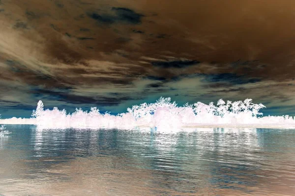 sakin nehir manzarası ve bulutlu arka planda ağaçlar, doğa konsepti