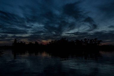 sakin nehir manzarası ve bulutlu arka planda ağaçlar, doğa konsepti