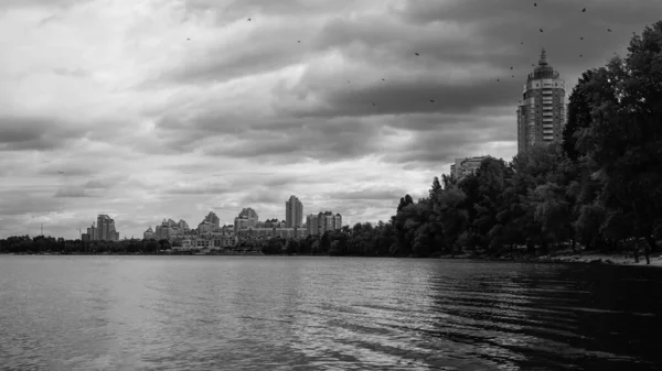 Vista Panorámica Del Río Tranquilo Los Edificios Detrás Los Árboles —  Fotos de Stock