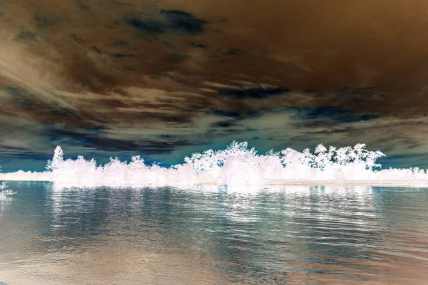 sakin nehir manzarası ve bulutlu arka planda ağaçlar, doğa konsepti