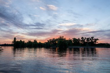 sakin nehir manzarası ve bulutlu arka planda ağaçlar, doğa konsepti