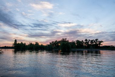 sakin nehir manzarası ve bulutlu arka planda ağaçlar, doğa konsepti